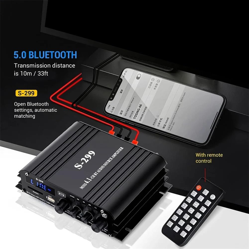 Amplificatore Audio Digitale 4.1 Canali AMP 40Wx4 W/H Bluetooth 5.0 Potenza Nominale per Home Theater Auto RV Barca Spina EU