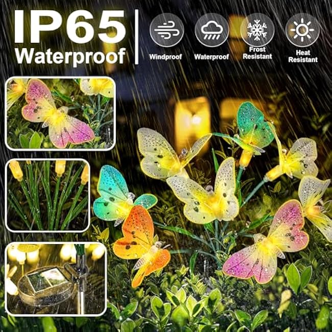 Anordsem Solar Garden Lights Outdoor: 8 Removable Fiber Optic Fabric Butterflies 2 Pack - Waterproof Fun Animal Decoration for Yard Patio - Gardening Gifts for Garden Lovers