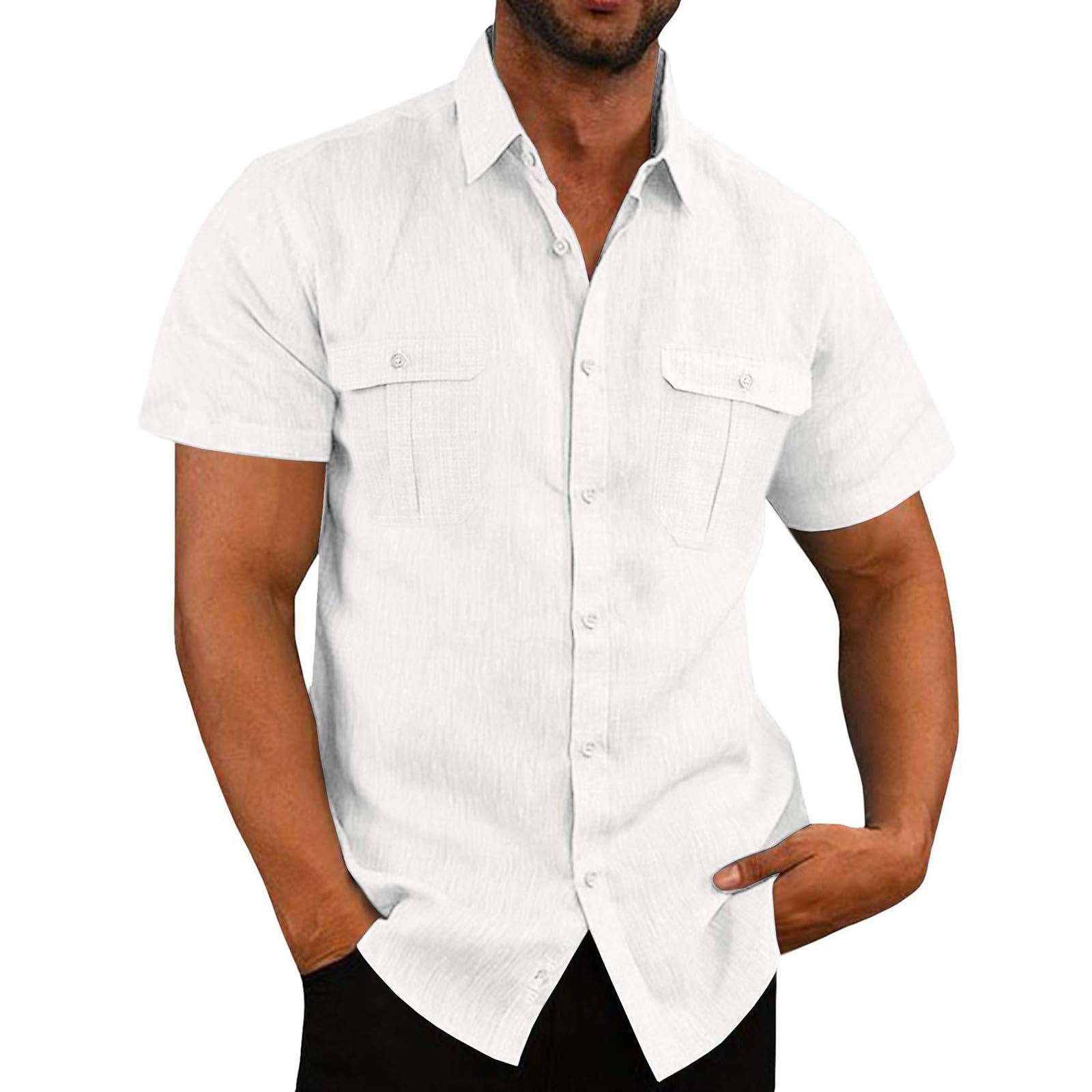 NUSGEAR Camisa de Manga Corta Hombre 2024 Algodón y Lino Camiseta Casual Color sólido Cuello en V Botones Verano Moda Original T-Shirt Suelto Fiesta Ligero Transpirable Tops Talla Grande tee