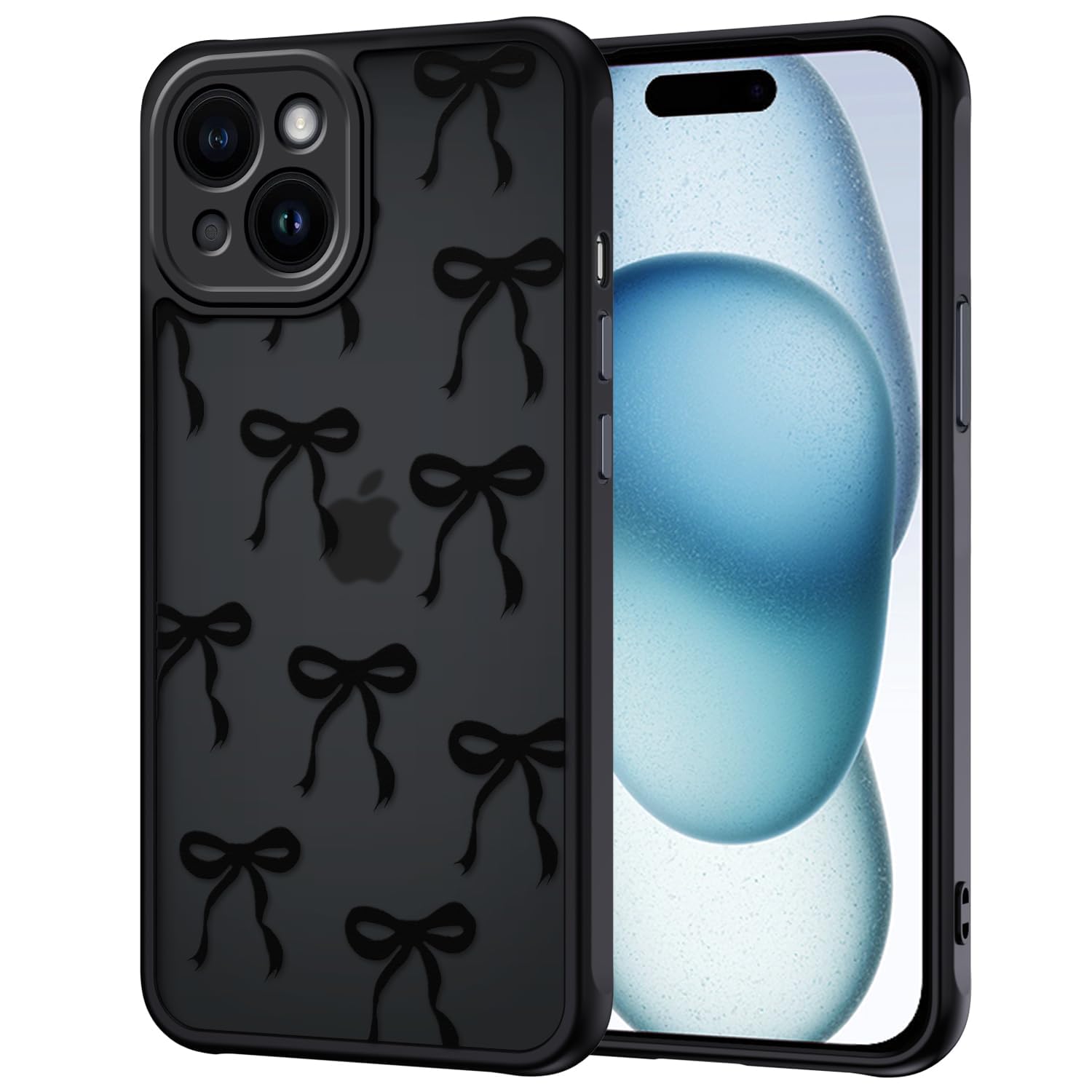 TVVTPU Handy Hülle für iPhone 15 mit Vollständiger Kameraschutz, Aesthetic Motiv Schleifen Muster Handyhülle Anti-Fingerabdruck Matt Transluzente Rückseite Stoßfest Kratzfest Case, Schwarz