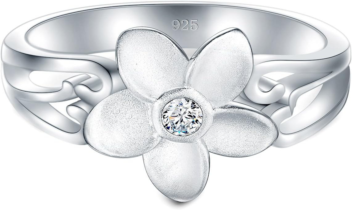 BORUO 925 Sterling Silver Ring, Plumeria Cubic Zirconia CZ Hawaiian Flower Comfort Fit Wedding Band Ring - Image 2