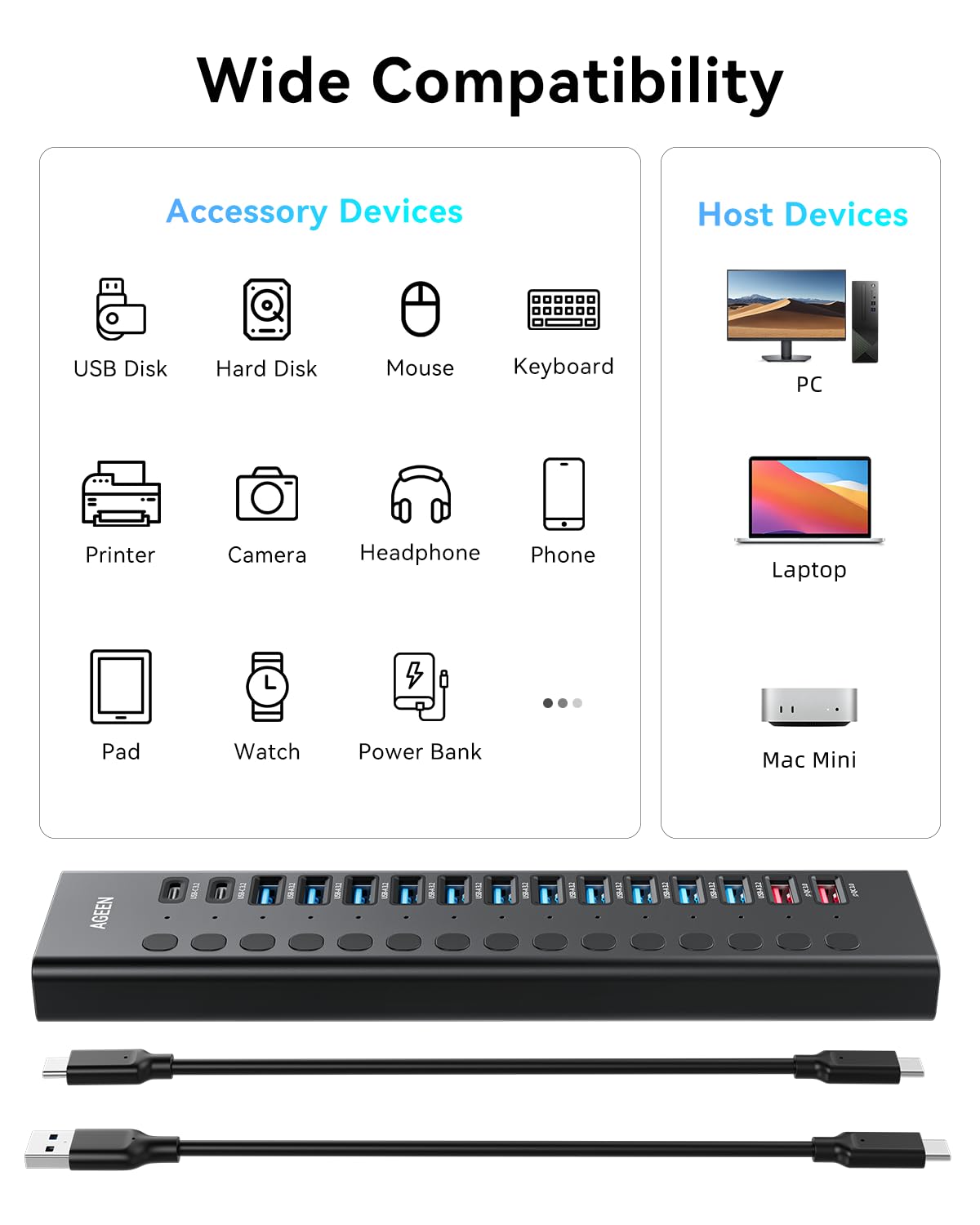 AGEEN Hub USB alimentato a 16 porte - Splitter dati SuperSpeed da 10 Gbps con 2 porte USB-C e 11 porte USB-A, 3 porte di ricarica rapida QC 3.0 da 24 W, singoli interruttori on/off, adattatore di