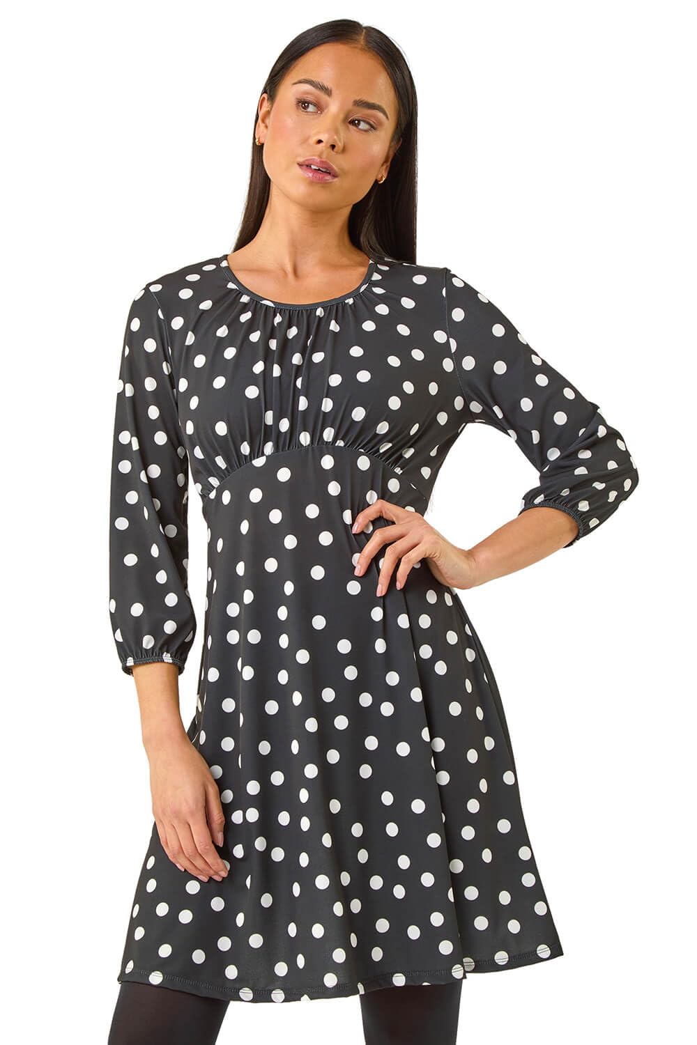 Roman Originals Women's Petite Polka Black Roman Gathered Chest Dress Stretchy Fit & Flare Swing Tea A Line Skater Knee Length Long Sleeve Midi Smart Casual Work Going Out Cocktail Party - Size 10