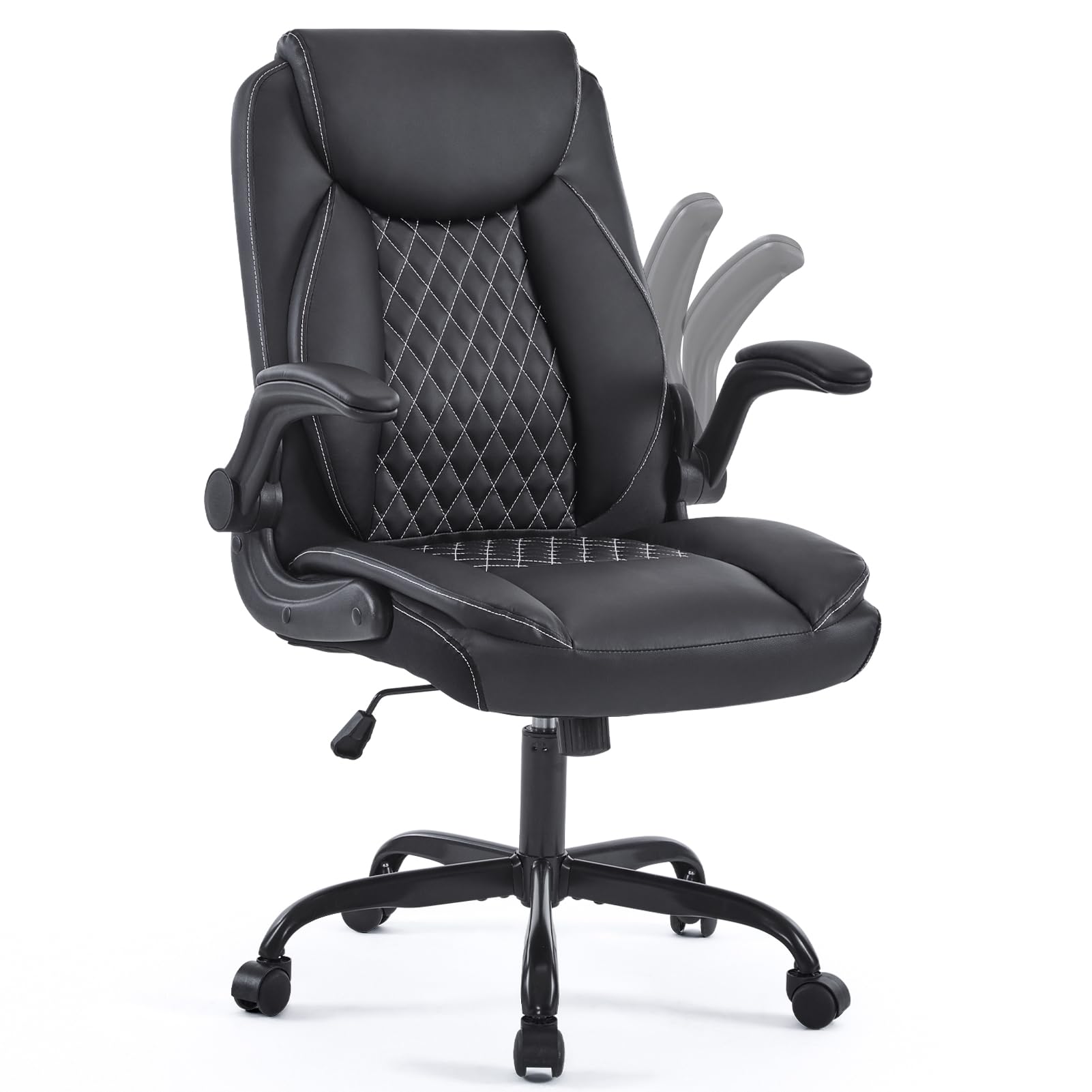 YFO Leather Office Ergonomic Home Office Desk Chair, Back Support Swivel Executive Office Chair with Wheels and Flip-Up Armrests, Small Gaming Chair with Adjustable Rocking Function, Black
