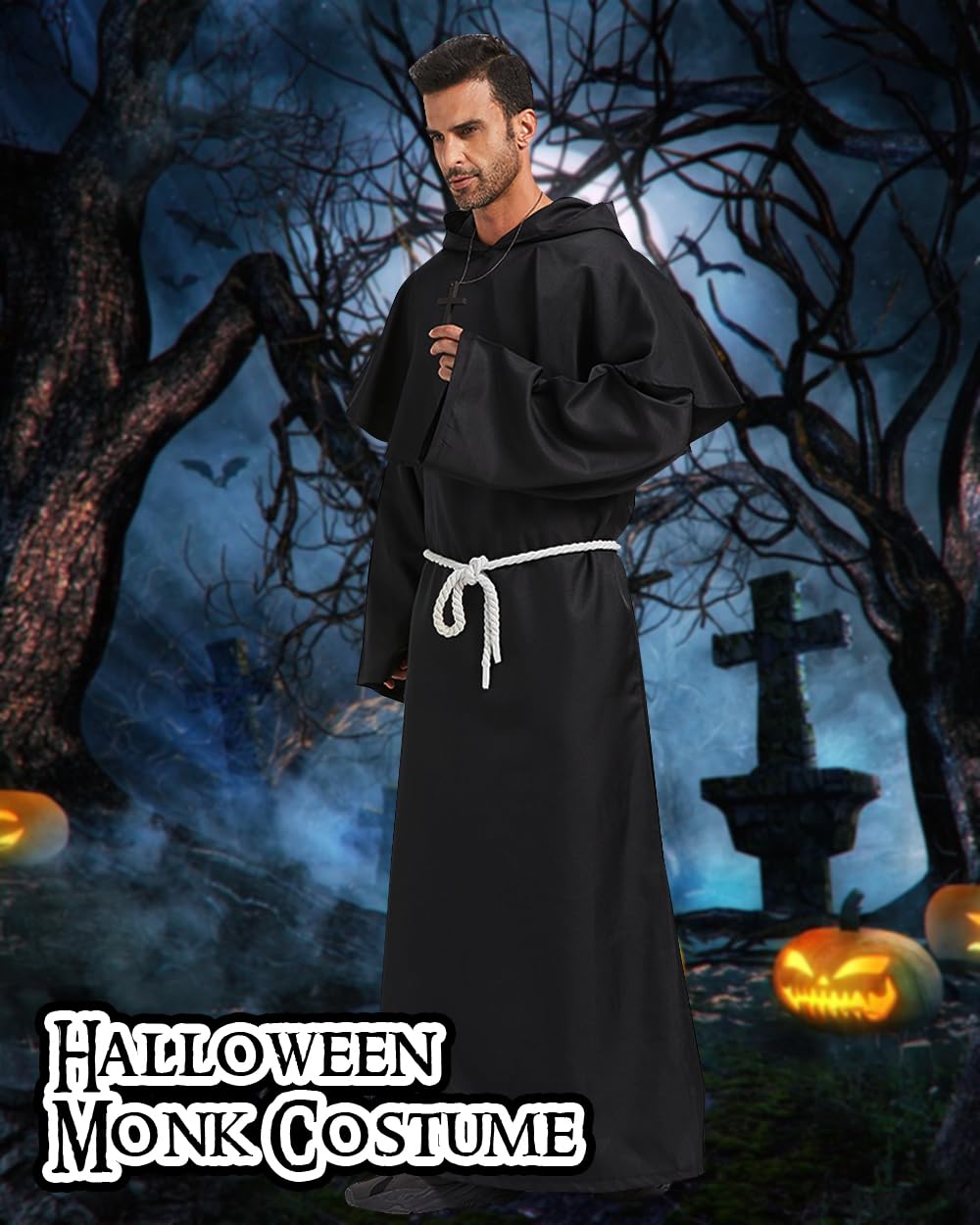 Kostium mnicha, szata kapłana, kostium mnicha, średniowieczny, renesansowy, kostium mnicha na Halloween, kostium czarodzieja z płaszczem, linką w talii i krzyżykiem na szyję dla dorosłych