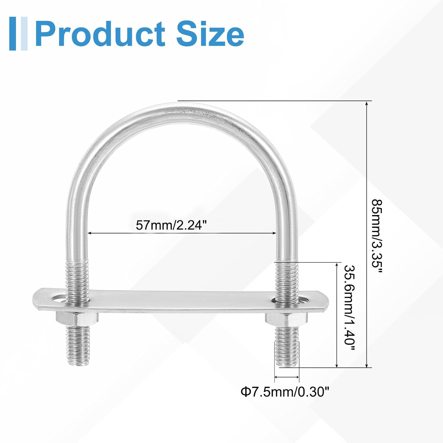 uxcell M8 Round U-Bolts, 6 Sets 57mm(2.24") Inner Width 85mm(3.35") Length 201 Stainless Steel U-Clamp Bolt with Plates & Nuts for Automobile, Trailer, Boat Trail, Silver