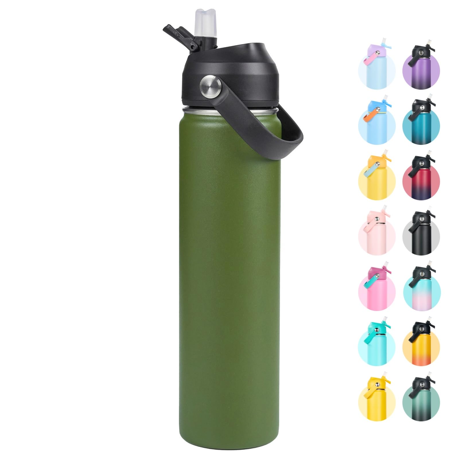 Fijinhom 24oz Insulated Stainless Steel Water Bottle, Wide Mouth Double Wall Vacuum, Silicone Straw, Sweat &amp; Leak Proof, BPA Free Insulated Water Flask for Travel, Keep Cold 24h Hot 12h, Green