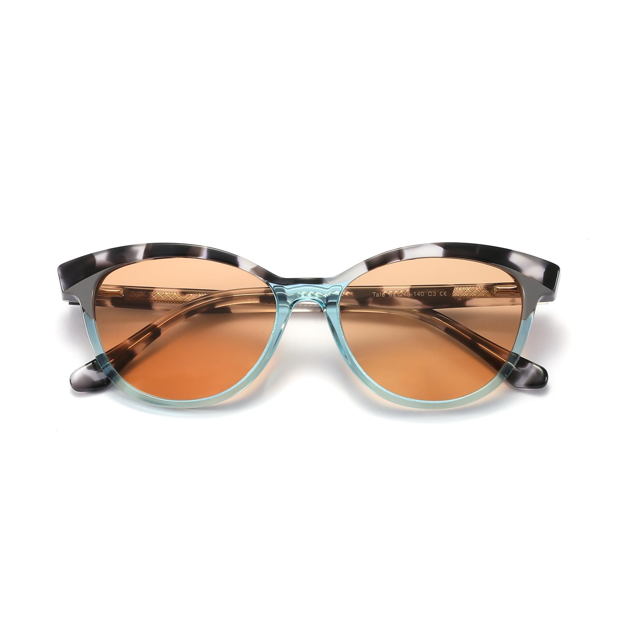 Tate Luxury FL-41 - Occhiali da sole Cat-Eye, montatura in acetato, tartaruga e verde acqua, per emicrania e sensibilità alla luce