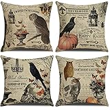 Halloween Throw Pillow Covers 18x18 Set of 4，Halloween Owl Crow Pumpkin Skull Fall Pillow Cases...