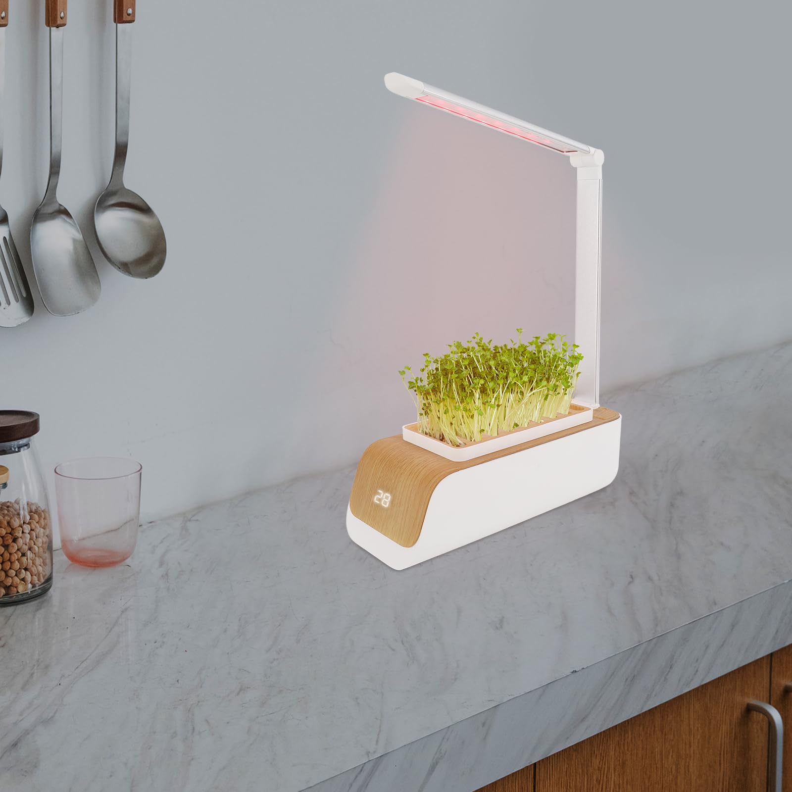 Sistema di impianto idroponico con luce a LED, irrigazione automatica e 3 colori di luce (rosso/blu/bianco), per erbe, verdure e fiori, con indicatore di temperatura e rilevatore di livello