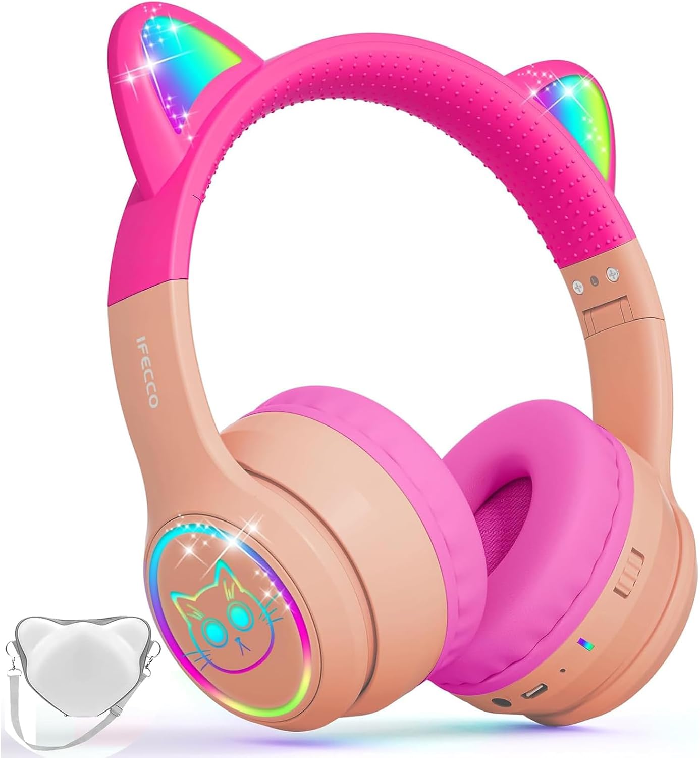 IFECCO Wireless Kids Headphones with Microphone,Foldable Cute Light Up Cat Ear Children Girls Bluetooth Headphones with Case for School Gifts Travel IFECCO Wireless Kids Headphones with Microphone,Foldable Cute Light Up Cat Ear Children Girls Bluetooth Headphones with Case for School Gifts Travel