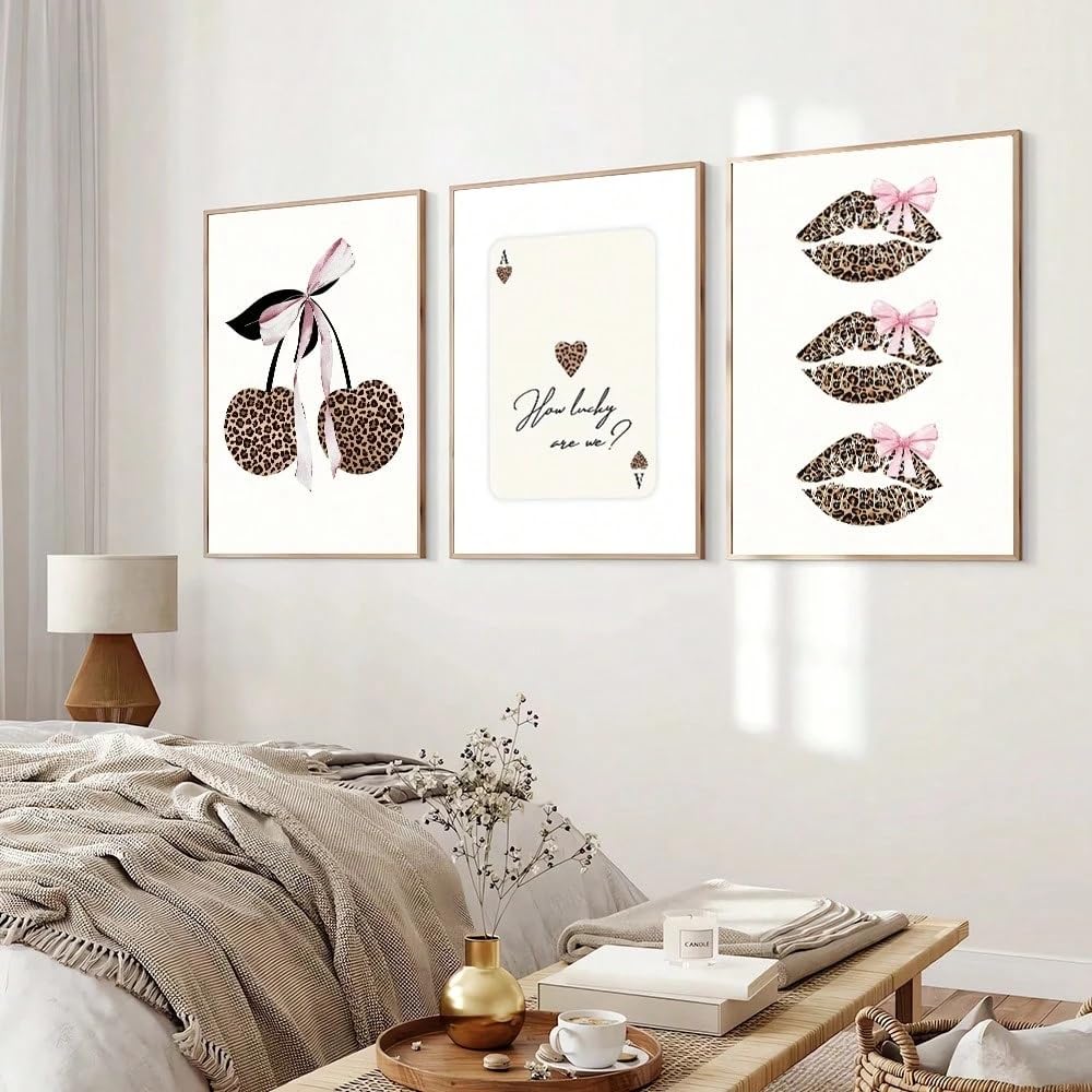 LZJAGXX Affiche artistique tendance style années 2000 avec lèvres léopard et cerises, style Preppy, décoration murale pour chambre d'enfant (20 x 30 cm, cadre intérieur)