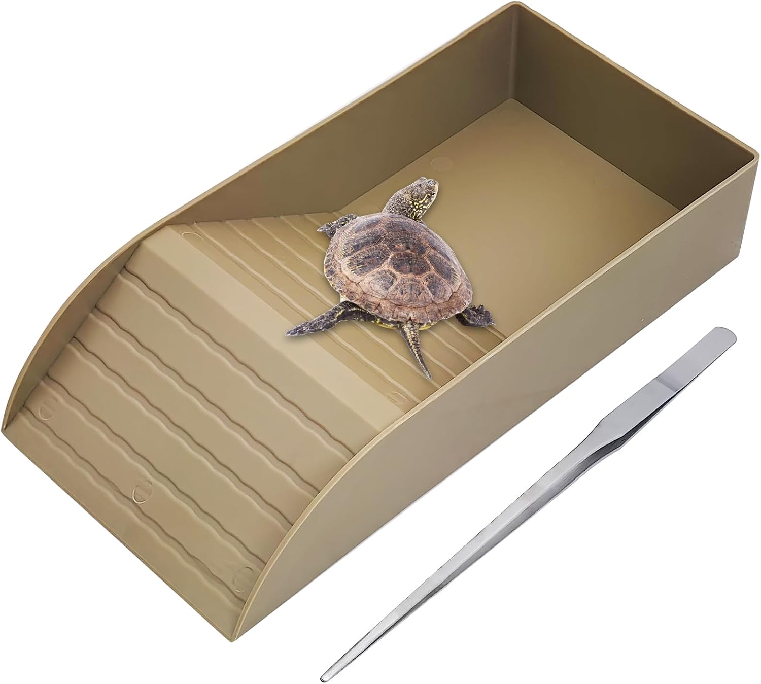 kathson Tortoise Water Dish with Ramp and Basking Platform, Reptile Water Bowl Turtle Soaking Tub Hermit Crab Bathing Pool for Amphibians Habitat Accessories (Brown)