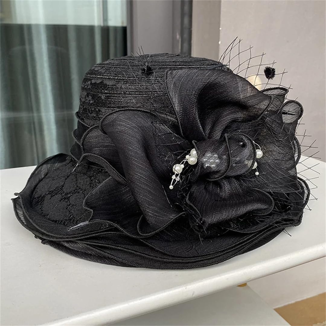 Yeuyyben Cappello da chiesa da donna, elegante, con fiocco a tesa larga, cappello da pescatore Fedora da donna estivo pieghevole