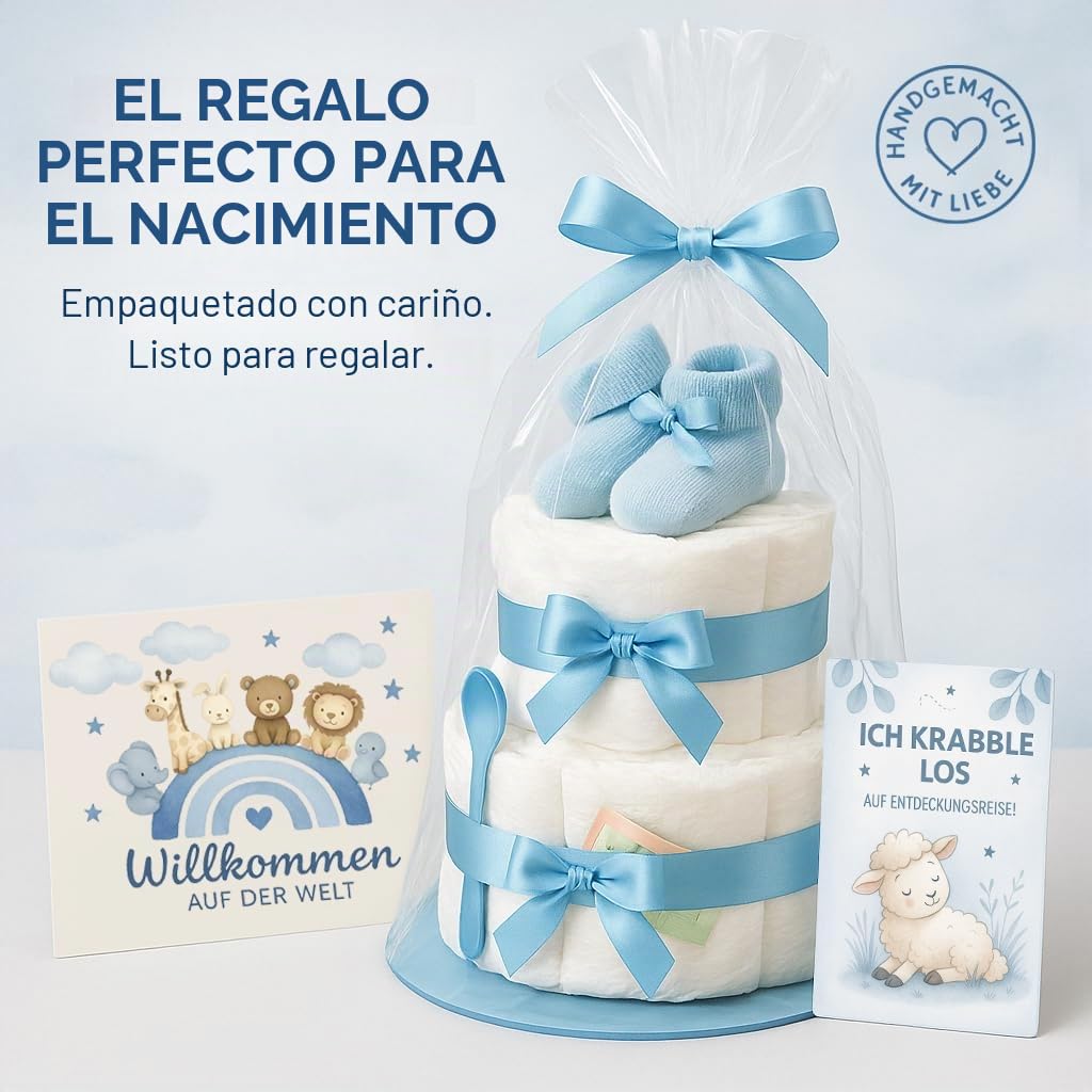 Tarta de pañales para niño de 2 pisos en azul con calcetines para bebé, regalos para el nacimiento para la madre, bautizo o fiesta de bebé, idea de regalo con pañales recién nacidos, incluye tarjeta