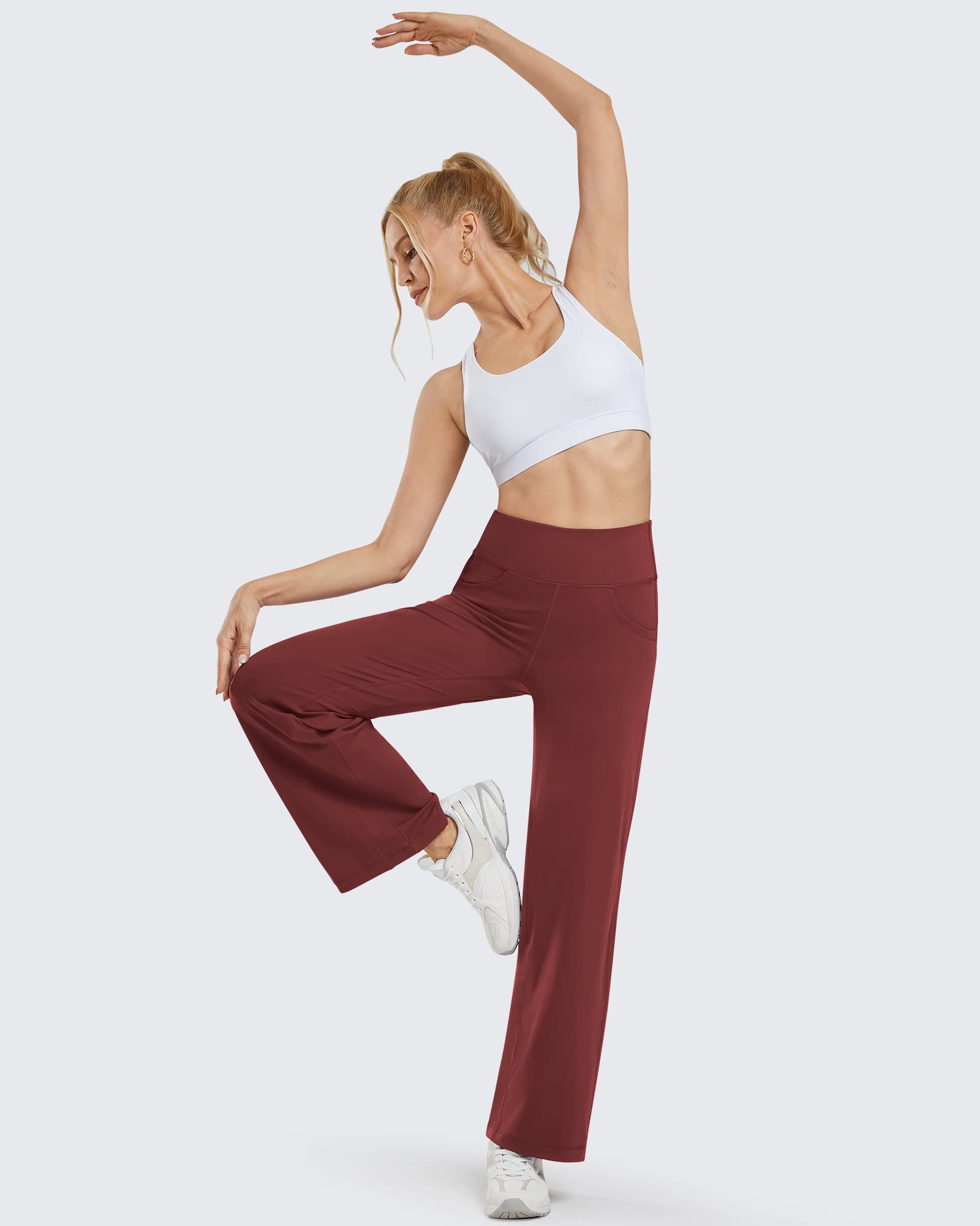 Promover Pantalon de Sport Femme Taille Haute avec Poches Jambe Large Gainant Ventre Pantalon Yoga Décontracté Multi-Usage Professionnel | Évacuation de l'humidité, sensation douce comme du beurre, extensible dans les 4 sens, tissu respirant, taille haute