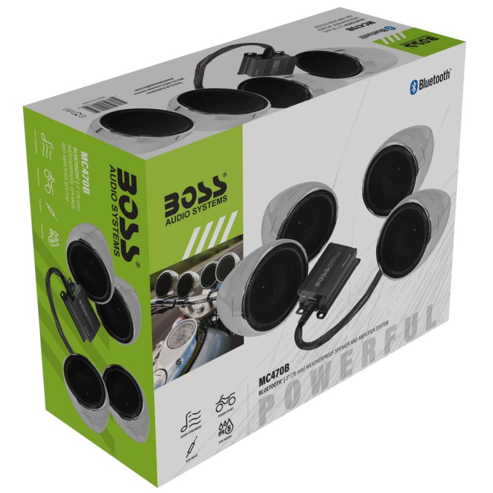 Kit Set para Boss Audio Systems MC470B, con Amplificador de Rango Completo Clase D y 4 Altavoces cromados de 3", para Motocicletas, Resistente a la Intemperie, 1 Kit