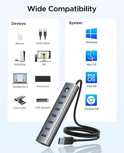 Miniatura 8 de ORICO Hub USB de aluminio de 7 puertos con cable de 3.28 pies, múltiples concentradores USB 3.0, transferencia de datos de 5 Gbps, puerto tipo C 5V