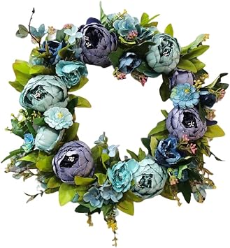 Artificial Peony Flower Wreath, 40cm Handmade Floral Wreath Fake Peony Wreath with Green Leaves, Front Door Wreath Farm Rose Wreath for Front Door Wall Wedding Party Home Decor Blue