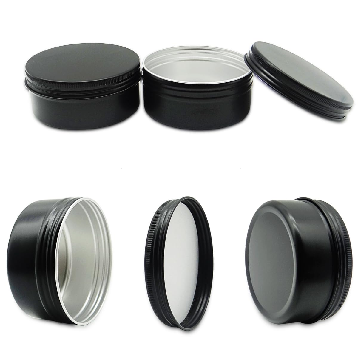 6 szt. 150 ml aluminiowych słoików z zakrętkowymi pokrywkami, puste pojemniki na balsam do makijażu do ust, okrągłe słoiki podróżne doniczki na kosmetyki, czarne metalowe puszki do kremu