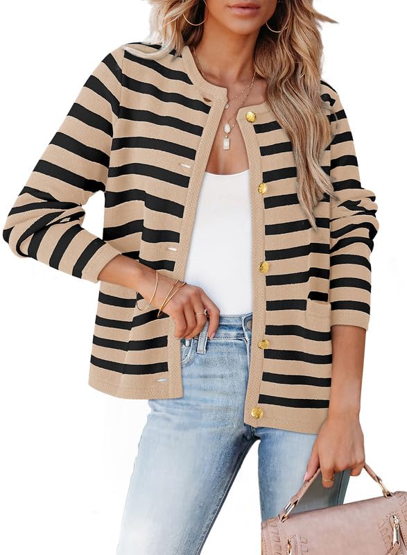 Dokotoo Women's 2025 Fashion Casual Crew Neck Open Front Long Sleeve Chunky Knit Striped Cardigans Sweaters Outerwear Coats2