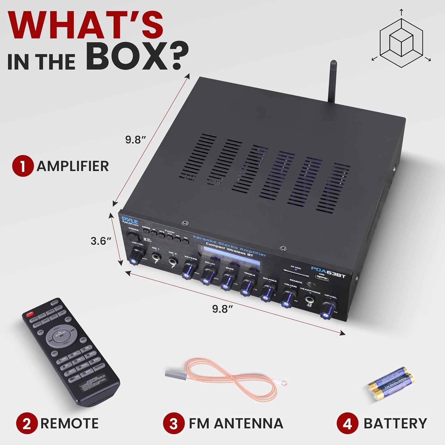 Pyle Amplificatore Audio Stereo Wireless BT, Multi Canale, 200 Watt, Ricevitore Audio Domestico con Radio FM, USB SD, AUX, RCA, Ingresso Microfono, Antenna BT e FM