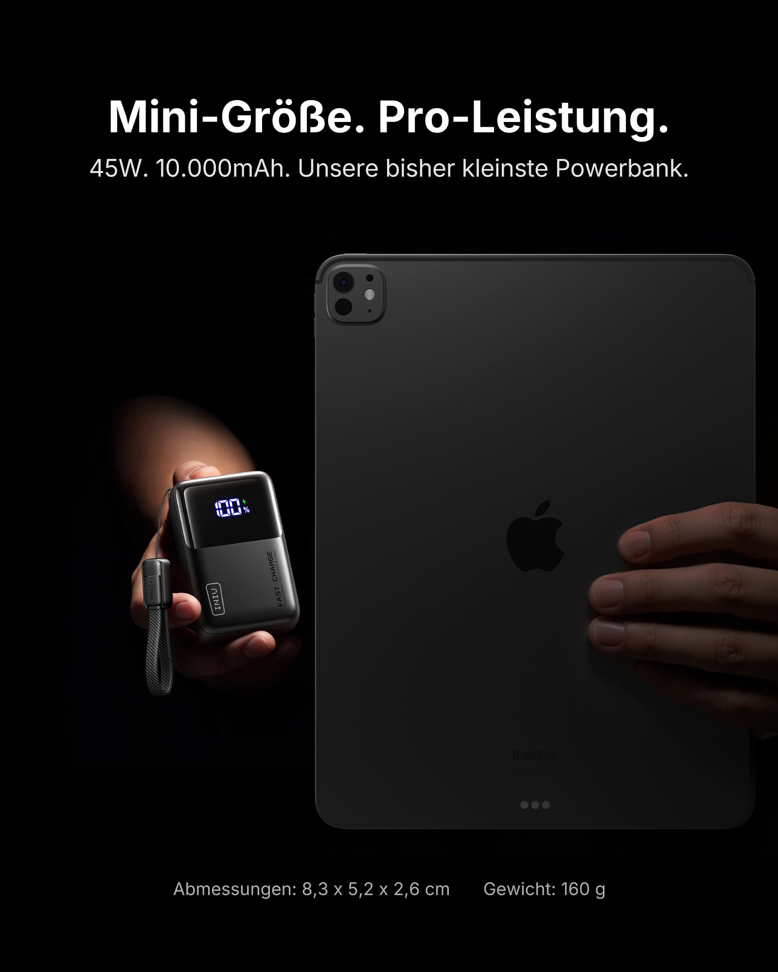 INIU Power Bank, Ultra Mini 45W Schnellladen 10000mAh Powerbank mit Angebrachtem USB C Kabel, Flugtauglich Externe Handyakkus, Reise-Essential für iPhone 17 16 Pro, Samsung S25, Xiaomi, iPad etc
