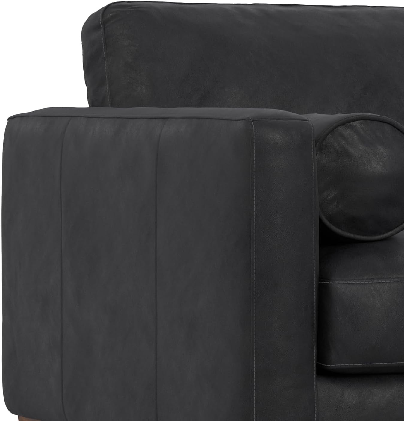 SIMPLIHOME Morrison Arm Chair - 42 inch Wide Upholstered Genuine Leather Mid-Century Modern Accent Chair in Graphite Grey with Solid Wood Legs, Reversible Bolster Pillows and Reclined Back