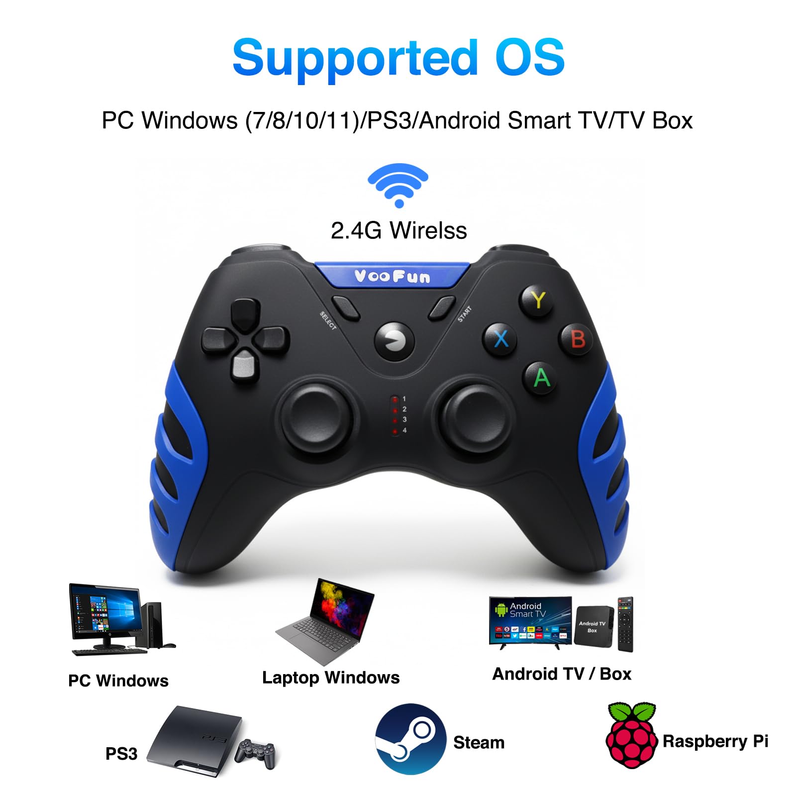 VooFun Mando PC, 2,4G Inalámbrico Mando PS3 Gamepad PC con Hall Joystick (Anti-Drift), Dual Vibración, Gaming Mando para Windows 7/8/10/11, PS3, Laptop, Steam, Raspberry Pi, Android TV, TV Box