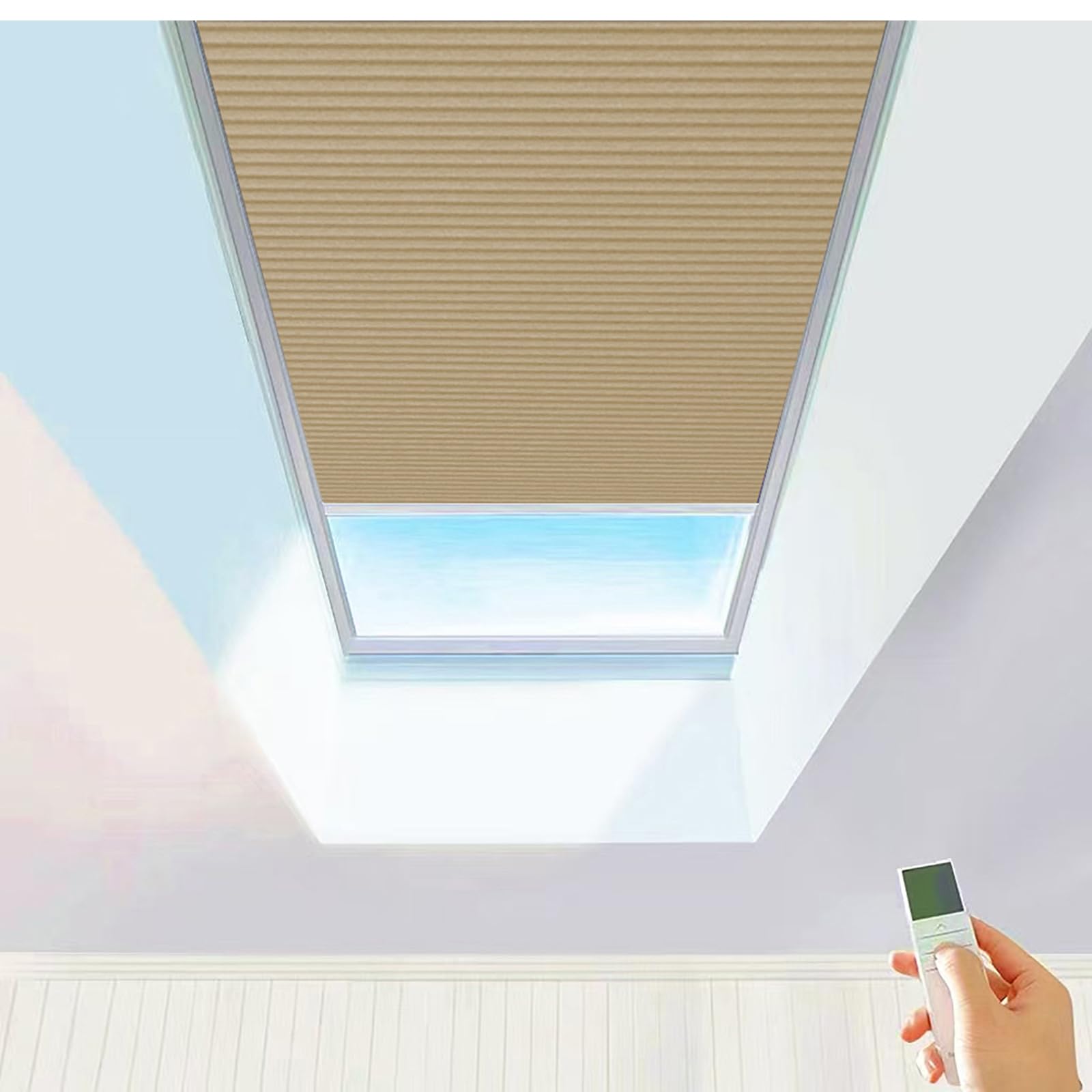 Tipiace Coffee Hard-Wired Motorized Skylight Roof Window Cellular Honeycomb Full Blackout Waterproof Blinds Curtain Suitable Skylight Glass Room Sloping Roof Room ( 93021H)