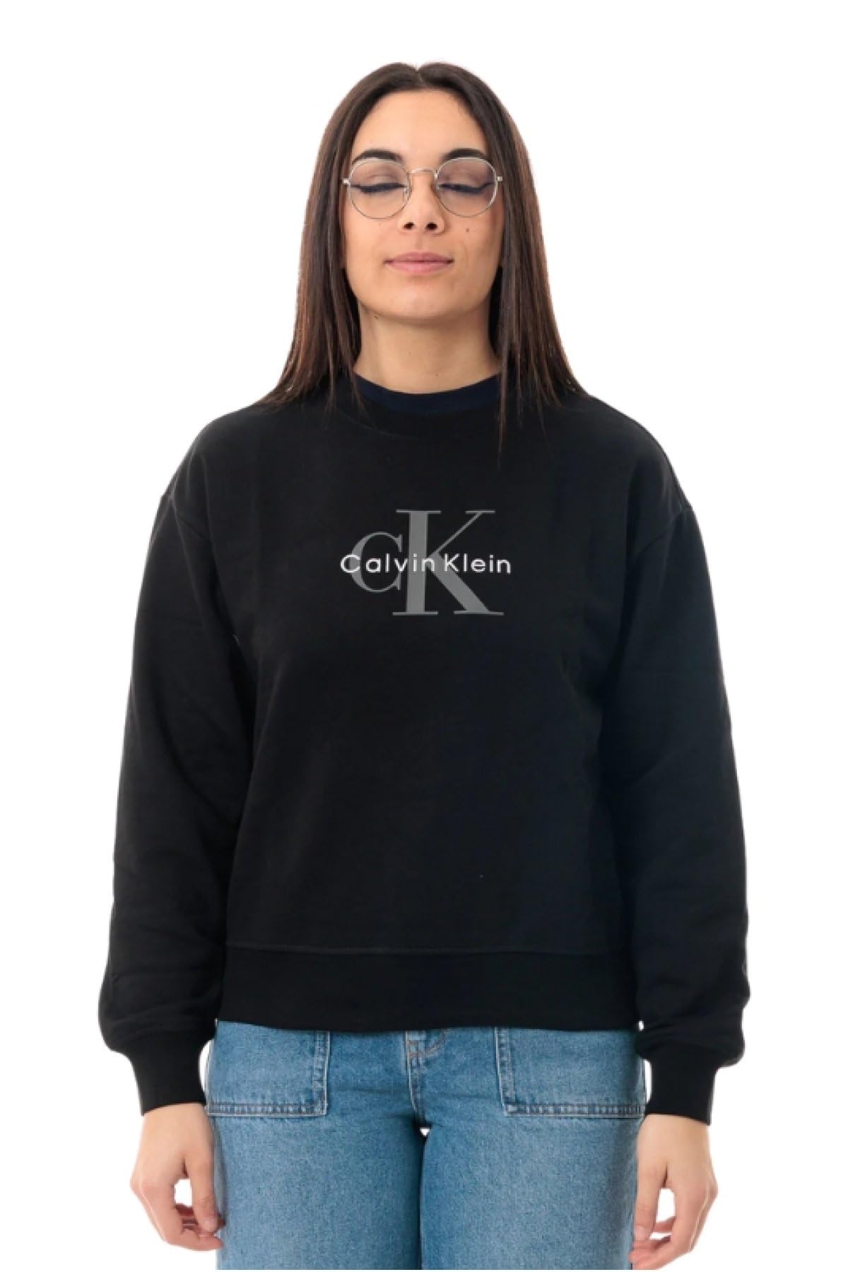 Calvin Klein Women’s Round Neck Monologo French Terry Sweatshirt, Black (Black), XXL
