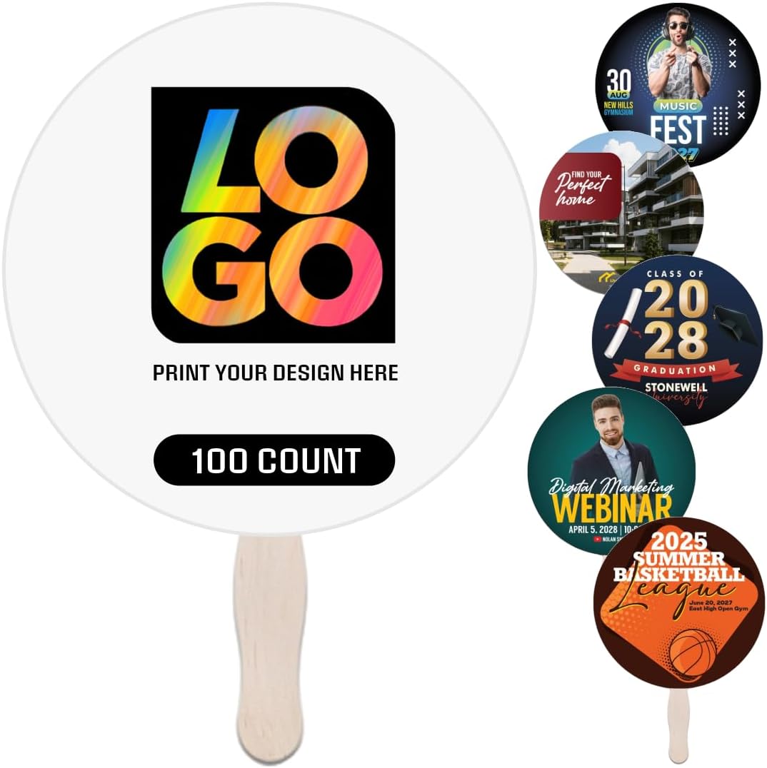 Custom Circle Hand Fans 8" Diameter – 14pt Coated Board, Personalized with Your Artwork – Great for Sports, Parties, Events, Favors, Photo Props (QTY 36)