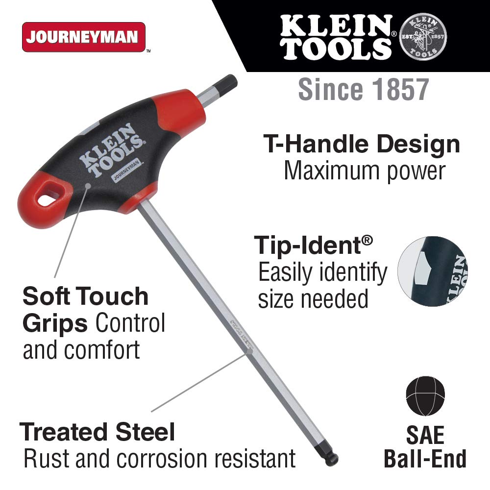 Klein Tools JTH6E13BE 1/4-Inch Ball End Hex Key with Journeyman T-Handle, 6-Inch