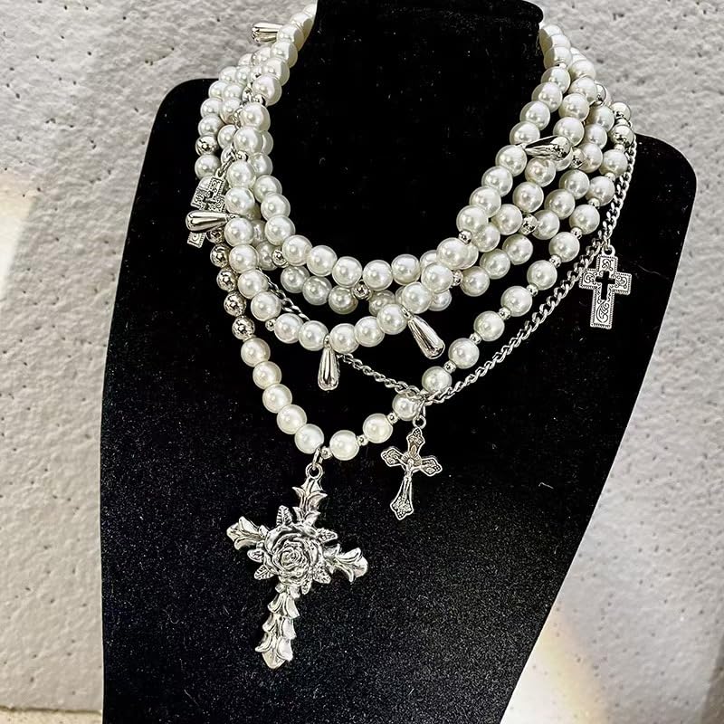 Gothic Pearl Cross Necklace Y2K Layered Cross Pearl Stacked Choker Necklace for Wome2