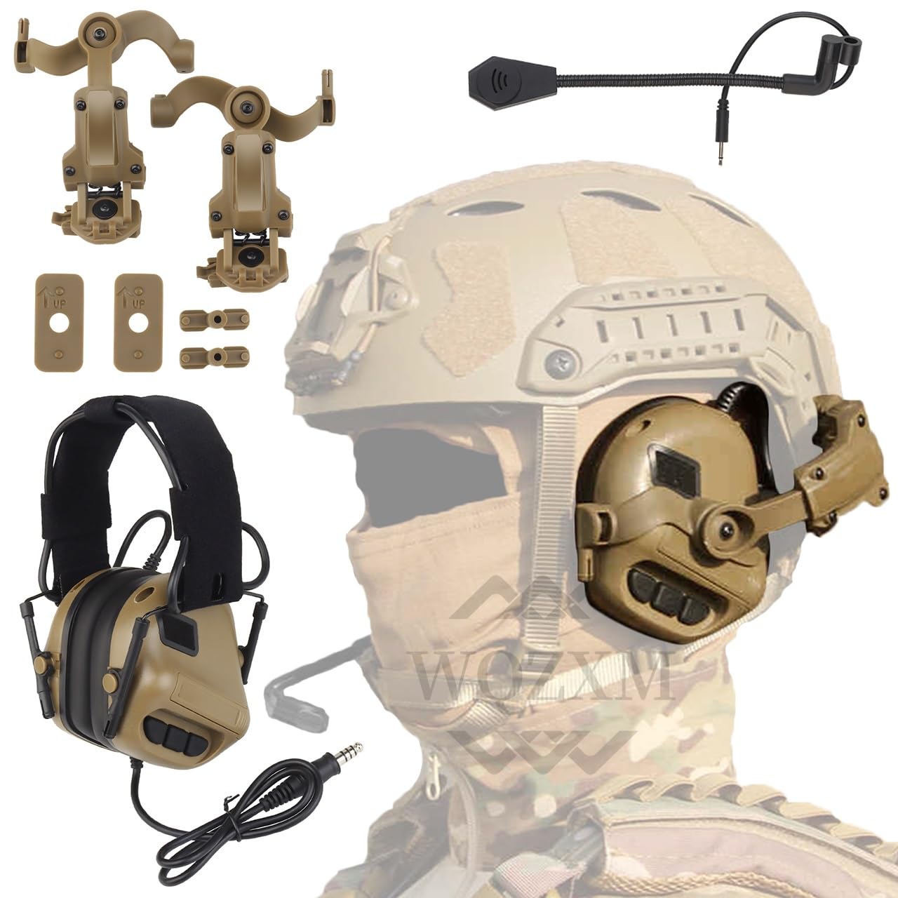Cuffie tattiche con adattatore ferroviario ARC compatibile con Ops-Core Fast e ACH Mich per airsoft caccia tiro (Tan)