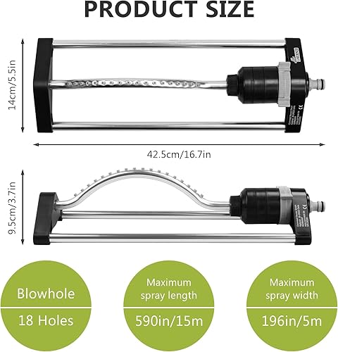 Miniatura 5 de Rociador de césped, rociador oscilante de metal con boquillas de latón de 18 agujeros, sistema de control de rango de pulverización cubre hasta