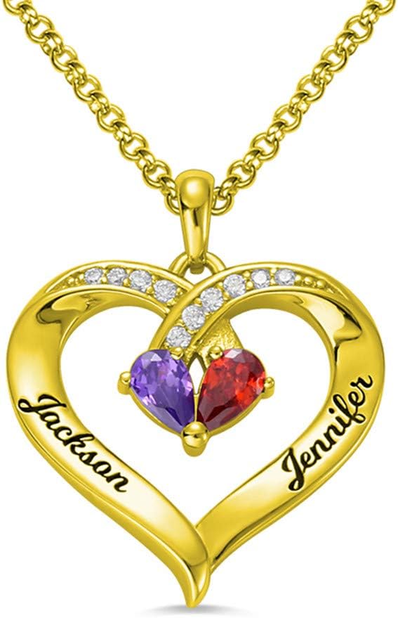 Personalized Two Name Necklace Birthstone Heart Necklace with 2 Engraved Names Gifts for Mum Girlfriend Couples Custom Birthstone and Name Pendant for Her Couple Jewelry Gift Best Friend Present