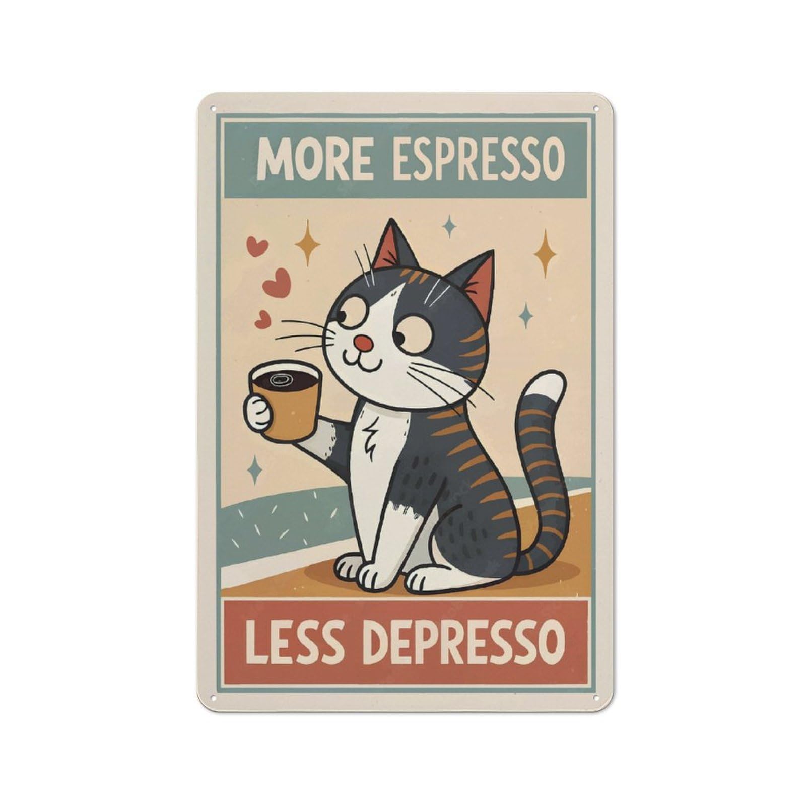 Junmoney Style-22 More Espresso Less Depresso Cat Poster Metal Wall Plaque 30X20cm, Vintage Nostalgic Wall Art For Bedroom, Office, Home Bar Or Dining Room