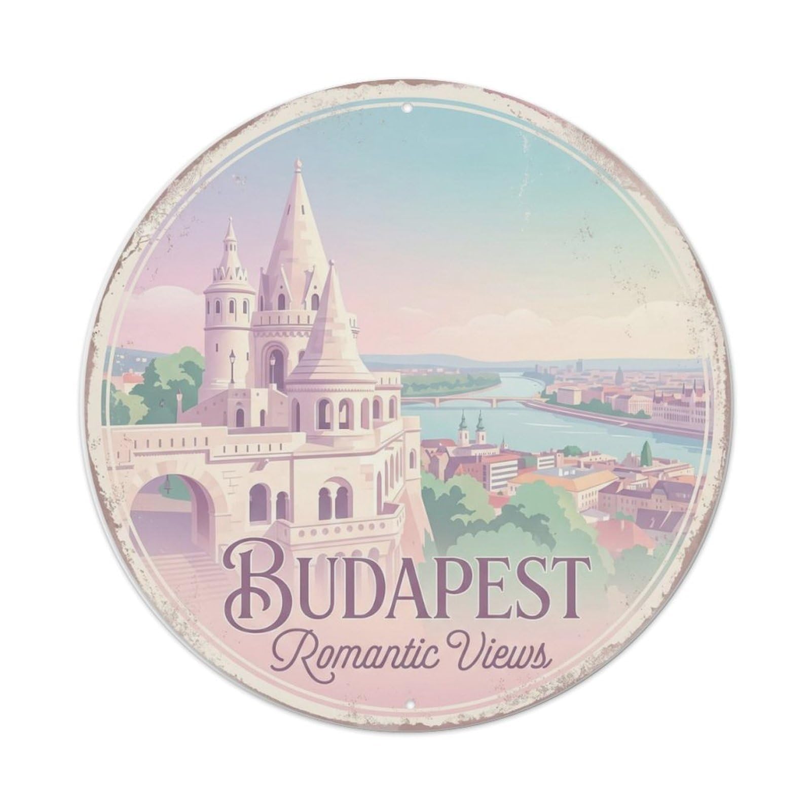 Vintage Travel Budapest Fisherman Bastion Hungary Metal Tin Sign Plaque Wall Decor for Cafe, Club Bar, Office, Home Garden Round Metal Poster 8x8Inch
