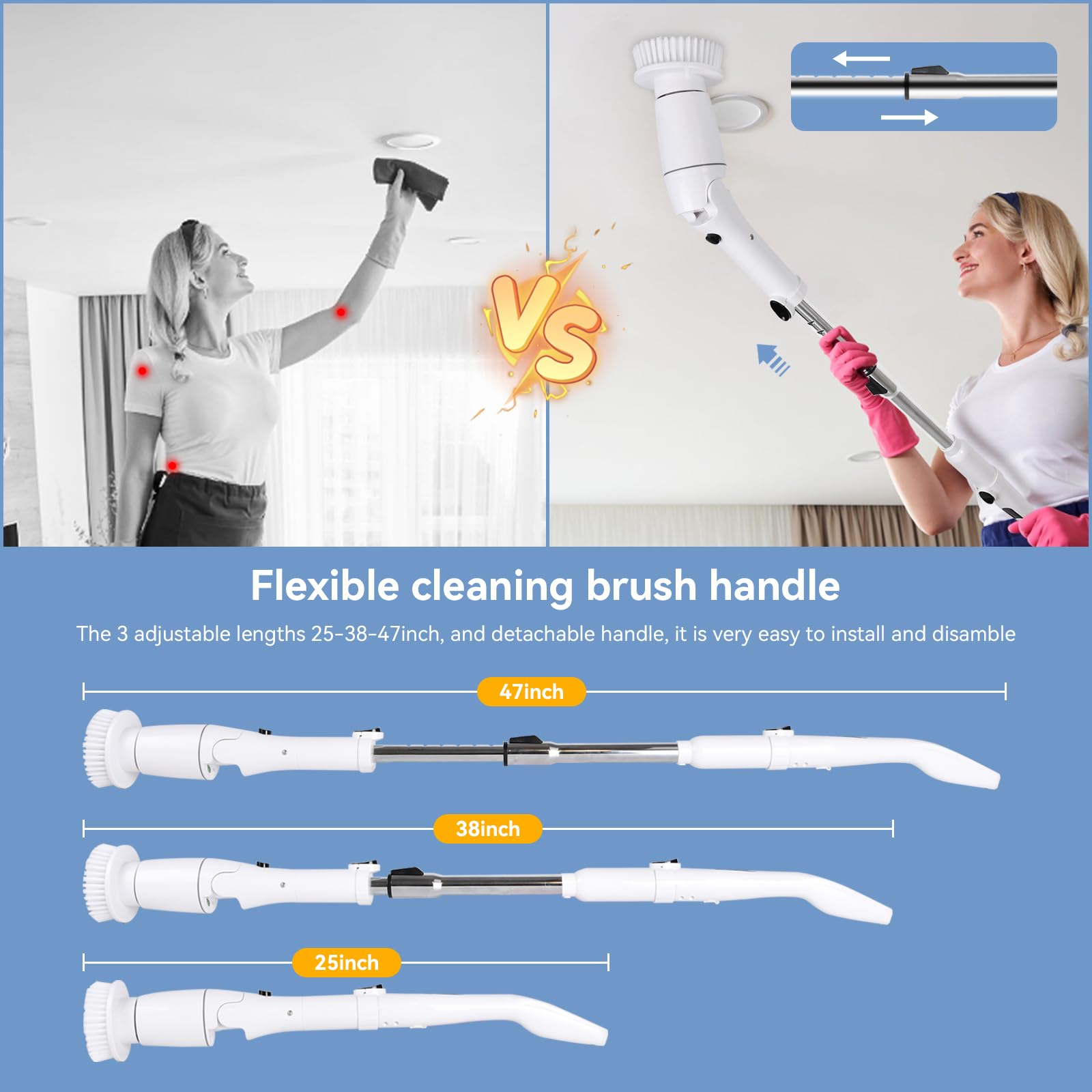 Brosse Nettoyage Electrique Rotative sans Fil, Spin Scrubber 2 Modes, 8 Brosse interchangeables, Réglable Longueur 64-119cm, Batterie 2000mAh, Indicateur LED, pour Salle de Bain Carrelage Cuisine
