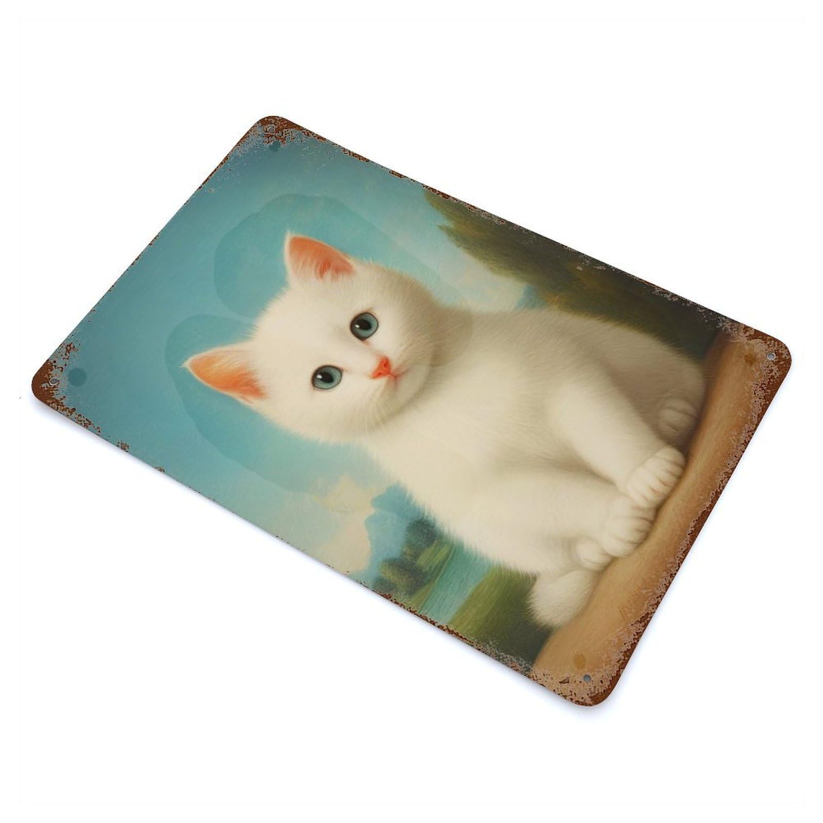 Rust Effect White Fluffy Kitten Decorative Tin Sign 11.8"x7.9", Rustic Home Decor for Cafe, Home Bar And Lounge Decor