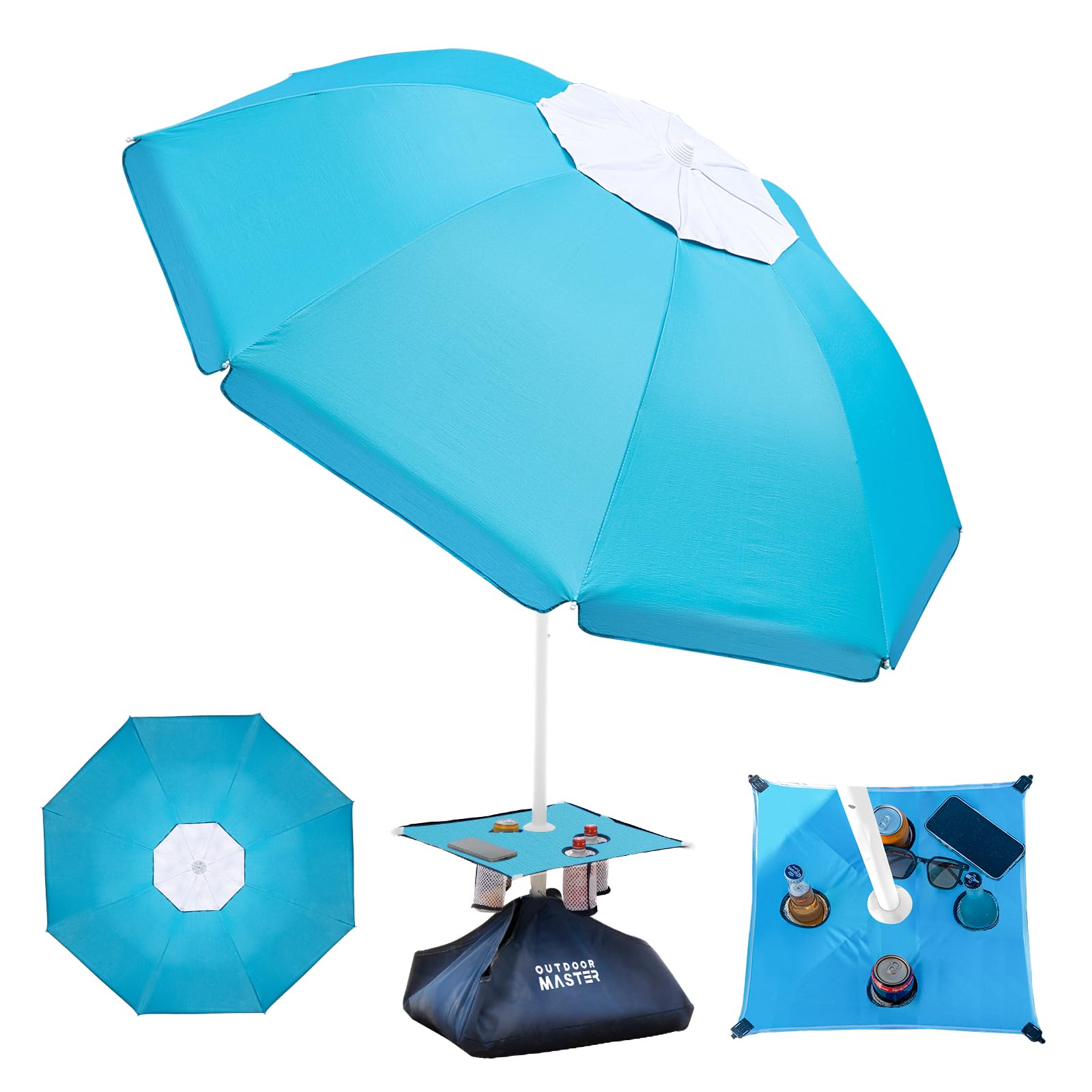 OutdoorMaster Beach Umbrellas with Sandbag & Anchor with 4 Cup Holder, 6.5ft Adjustable Umbrella for Beach Heavy Duty Wind, Portable UPF50+ Sunshade with Carry Bag for Patio,Turquoise with Cup Holder