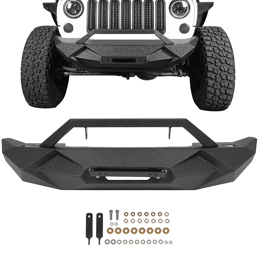FINDAUTO Off Road Bumper Replacement for 2007-2018 for Jeep Wrangler JK Heavy Duty Steel Front Bumper with Winch Plate