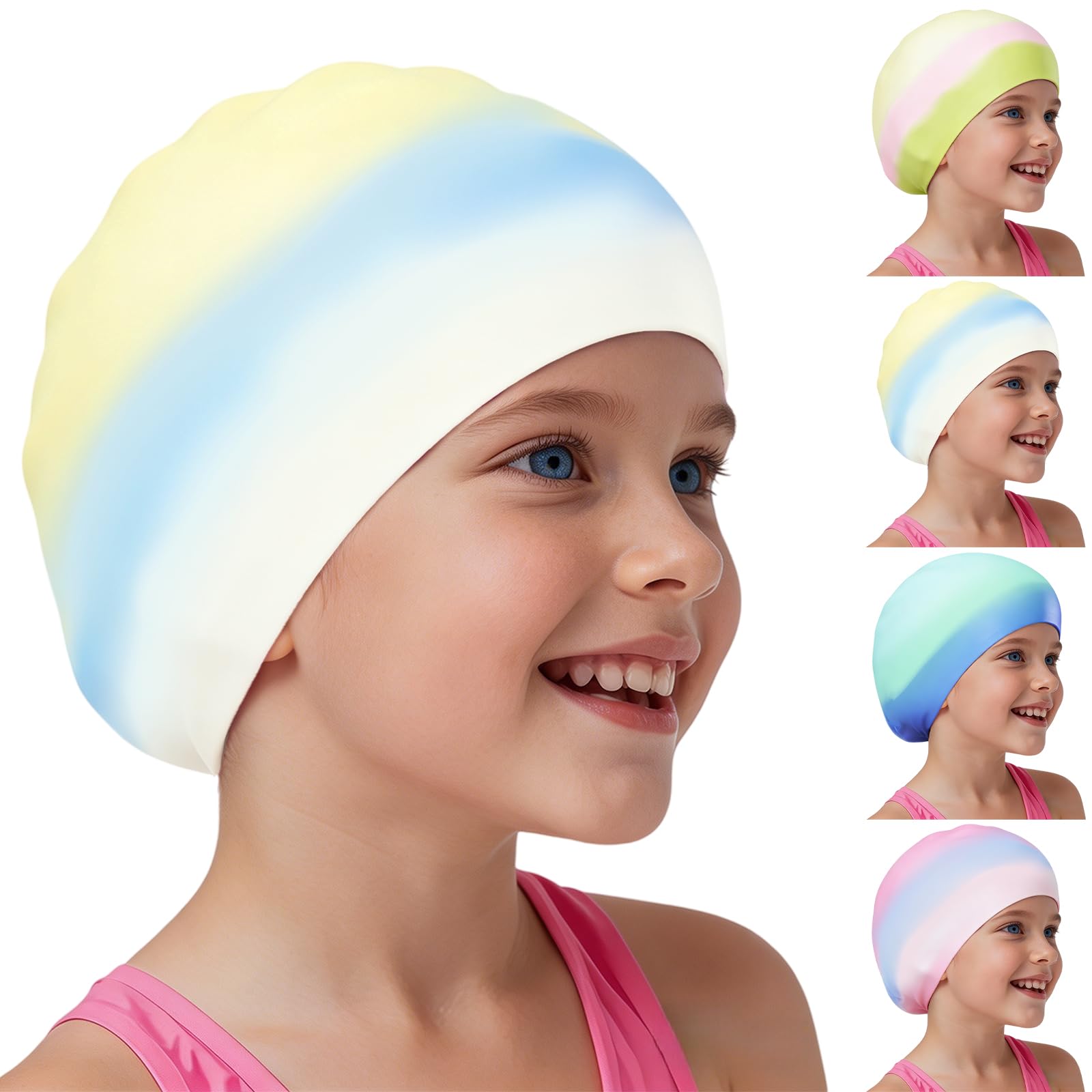 AMFUN Kids Swimming Cap 4-12 Years, Blue Yellow Gradient Silicone Swim Cap, Waterproof Stretchable Anti-slip Ear Protection, Chlorine Resistant Comfort Design for Pool Beach Swimming