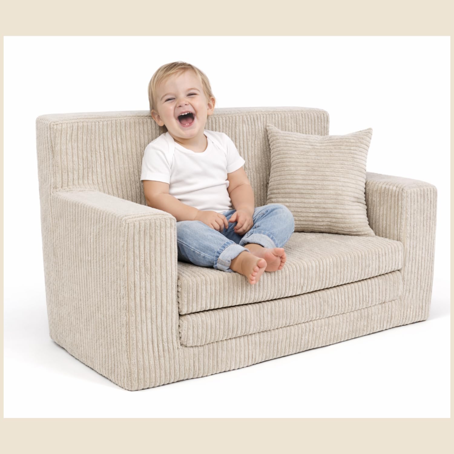 FORTISLINE Kindersofa ausklappbar aus Cord 83x47x43 cm - Kindercouch mit Liegefläche 112 cm, Kinderzimmer Sofa mit Kissen, Abnehmbarer waschbarer Bezug, Oeko-TEX Standard 100
