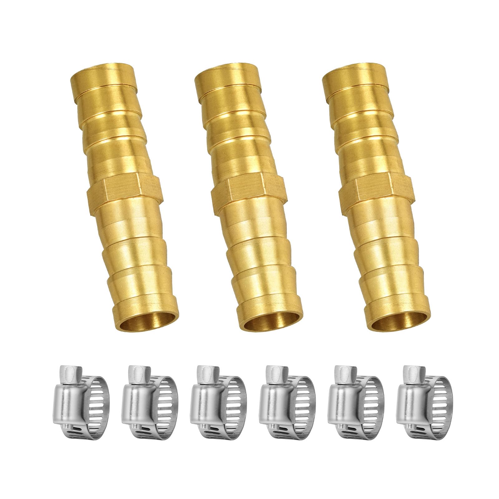 Photo 1 of 3/8" Hose Barb Fitting Kit, 3-Pack Brass Straight Connector for Fuel Line, Air, Water, Oil, Gas, Pressure Washer, Soaker & Hydraulic Hoses Repair - Includes Stainless Steel Clamps (2-way-I)