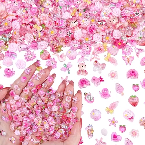 200Pcs Cute 3D Nail Charms Kawaii Bow Flower Candy Animal Slime Charms for Crafts Resin Flatback Cartoon Fox Bear Butterfly Nail Supplies Small Embellishments for Nail Art & Scrapbooking(Pink)