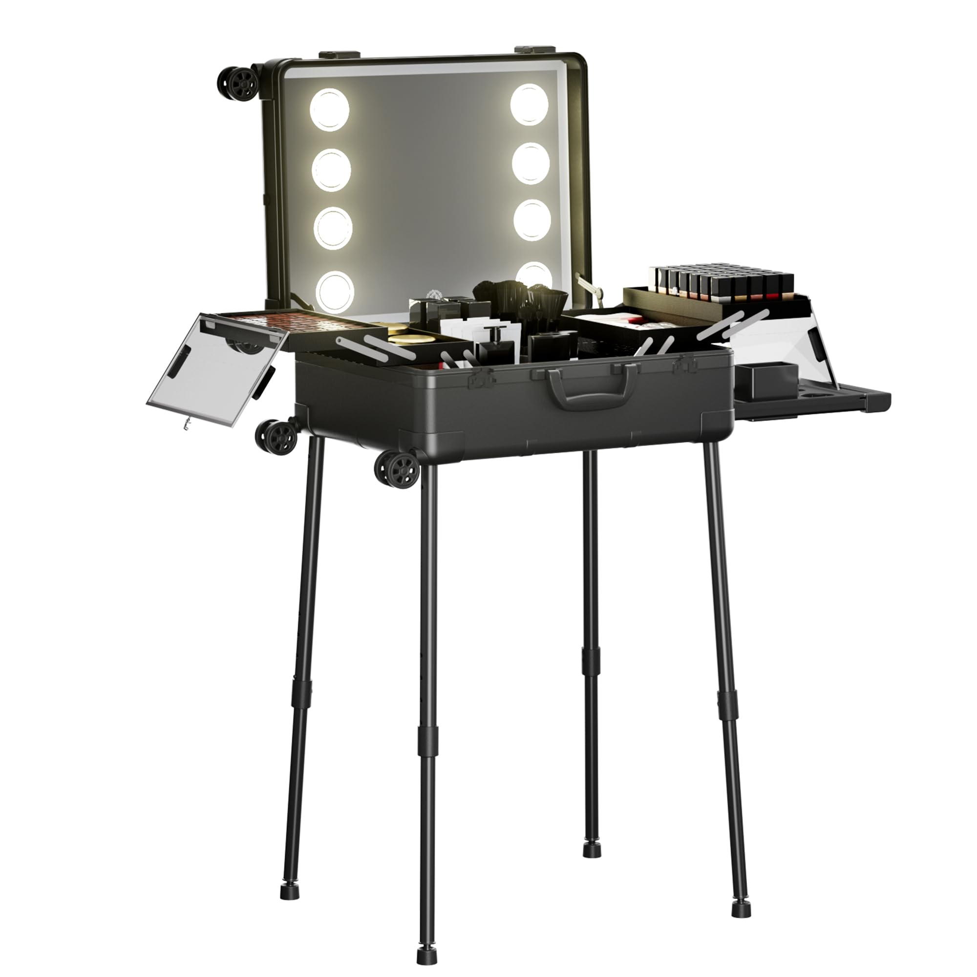 Valigetta Trucco con Rotelle in Alluminio, Grande Specchio con Illuminazione a LED, Organizzazione Cosmetici con Serratura a Combinazione, Stazione Trucco Pieghevole per Studio e Viaggio, Nera