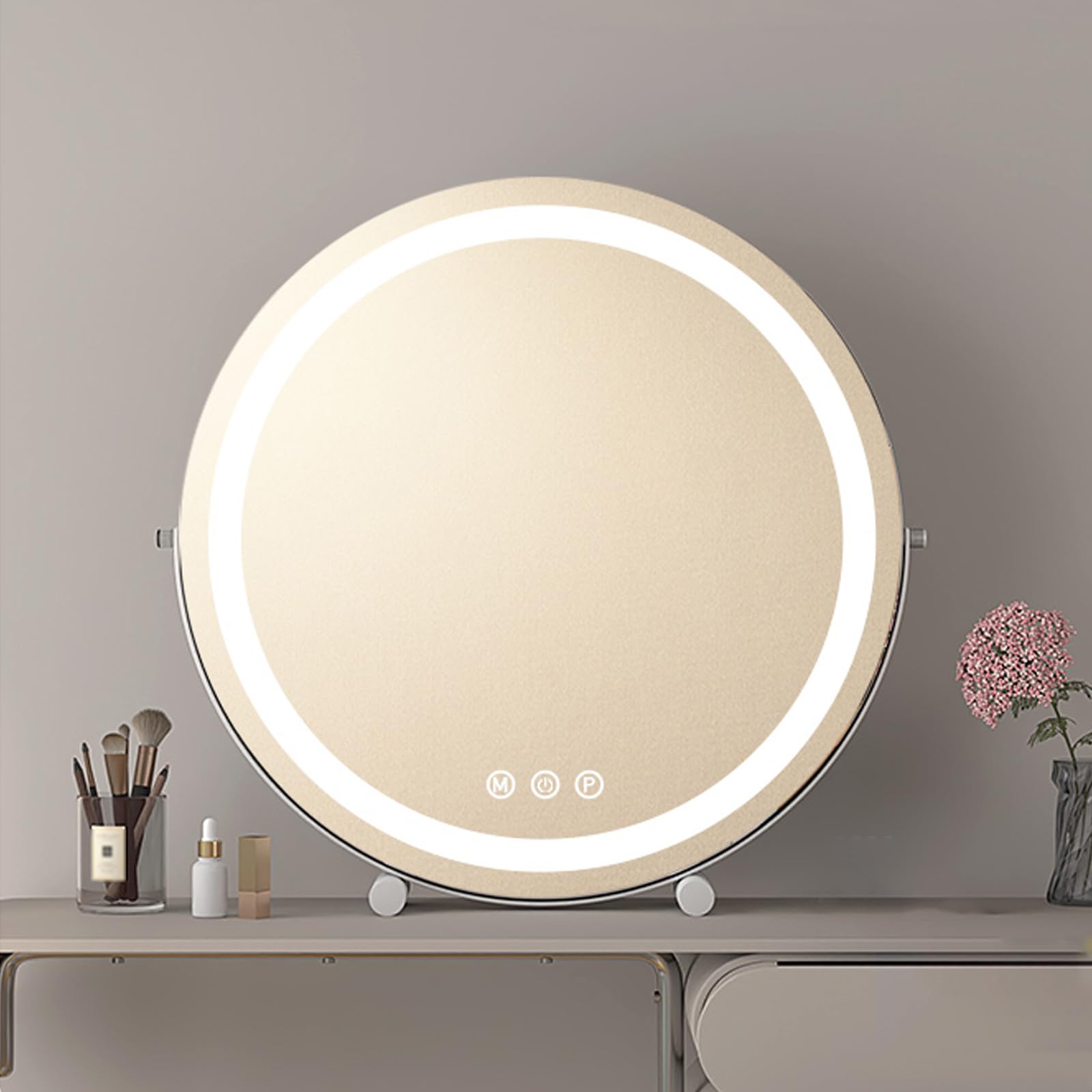 Illuminated Large White Round Vanity Mirror with Adjustable Lights - Rotating Free Standing Makeup & Shaving Mirror for Flawless Grooming and Beauty Enhancement.
