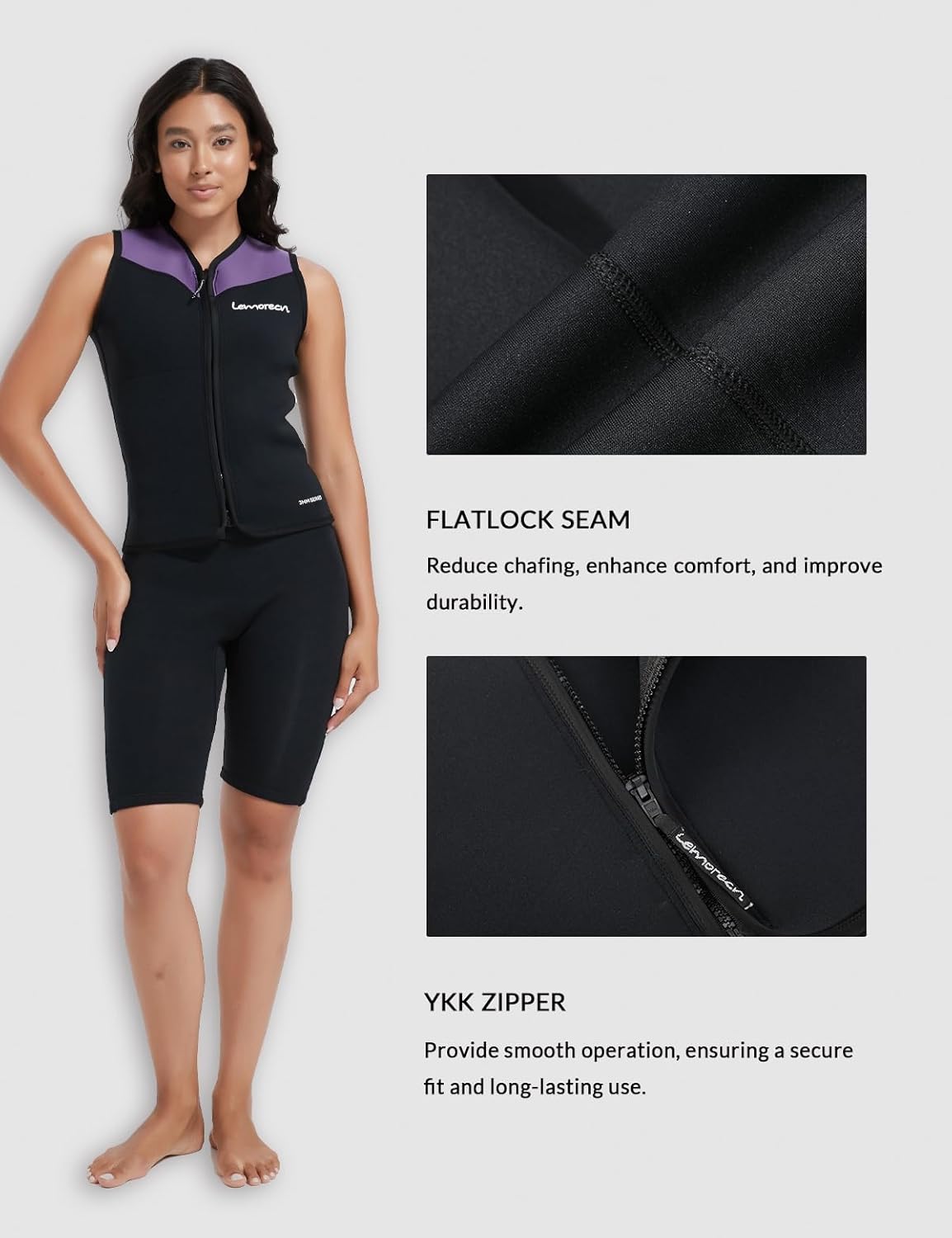 Lemorecn Wetsuit Top Women, 3mm Sleeveless Neoprene Wet Suit Tops Jacket Front Zip Diving Vest for Water Sports - Image 3